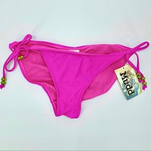 NWT-MUDD-Size M-Hot Pink Bikini Bottoms with Gold Beads on edge of Hip Ties